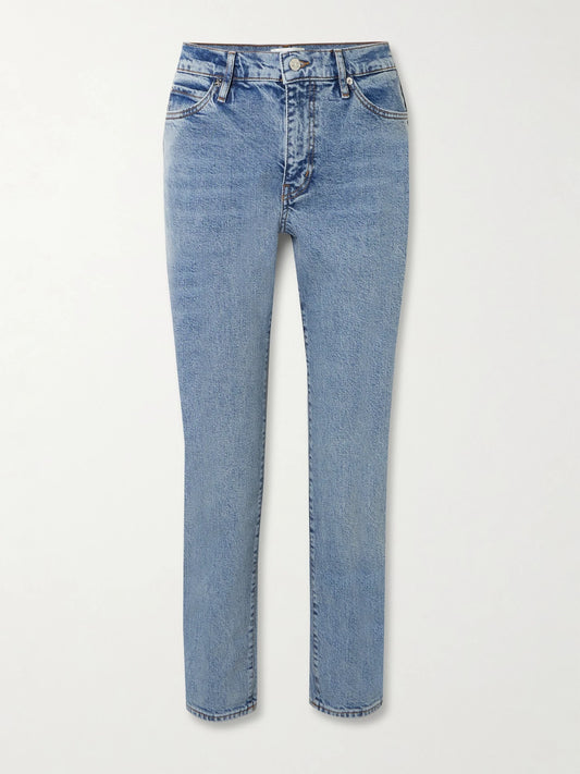Image of Jeans. Product name - The Borrowed High-rise Slim-leg Jeans in Light denim colour by brand - FRAME