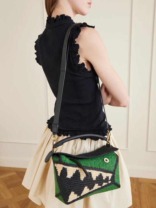 Image of Bags. Product name - + Paula's Ibiza Puzzle Edge Crocodile Leather-trimmed Raffia Shoulder Bag in Green colour by brand - LOEWE
