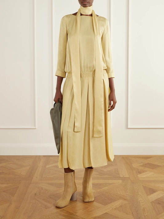 Image of Dresses. Product name - Scarf-detailed Gathered Pleated Habotai Midi Dress in Pastel yellow colour by brand - MM6 Maison Margiela