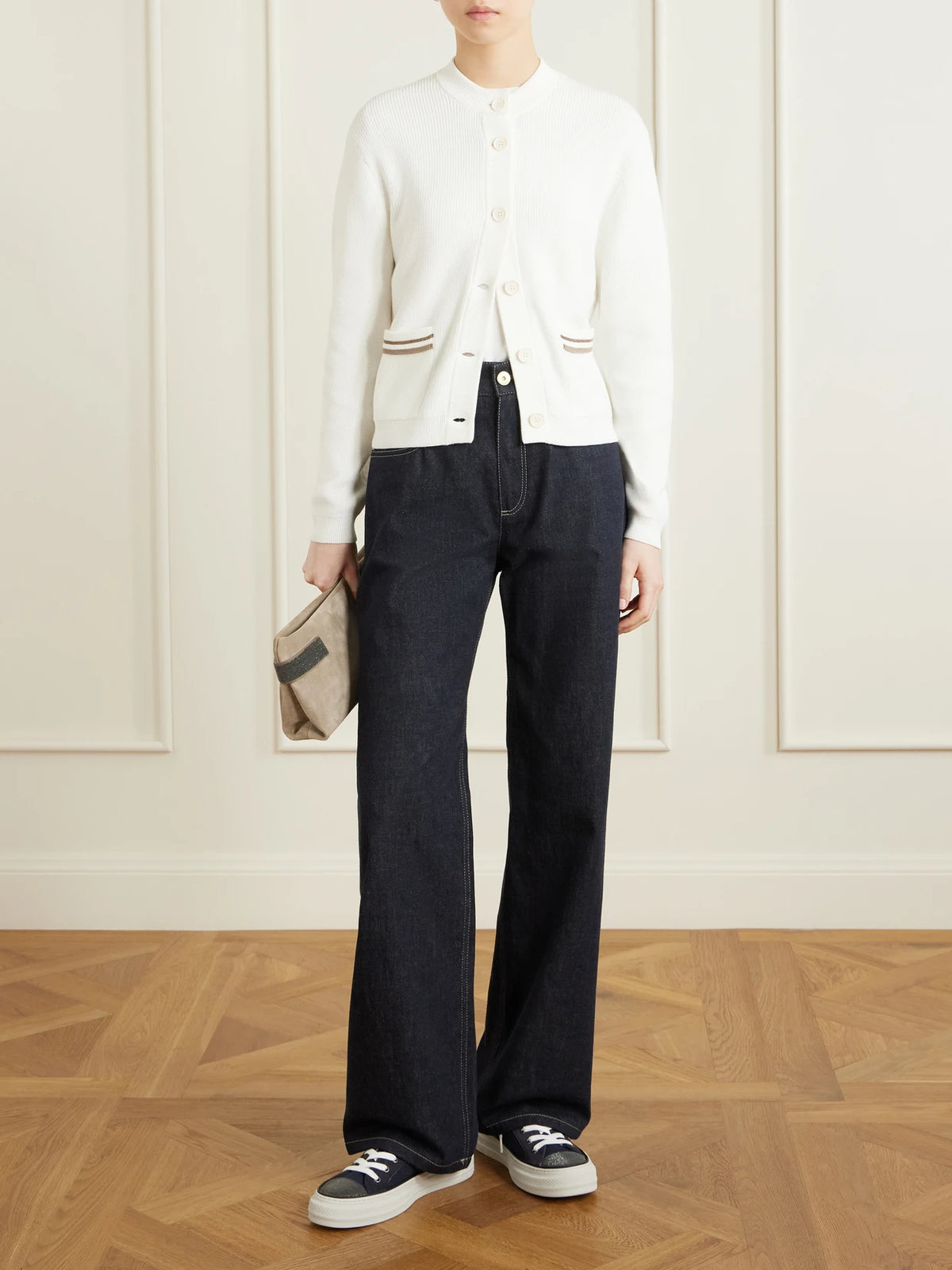 Image of Sneakers. Product name - Bead-embellished Suede-trimmed Stretch-knit Sneakers in Navy colour by brand - Brunello Cucinelli