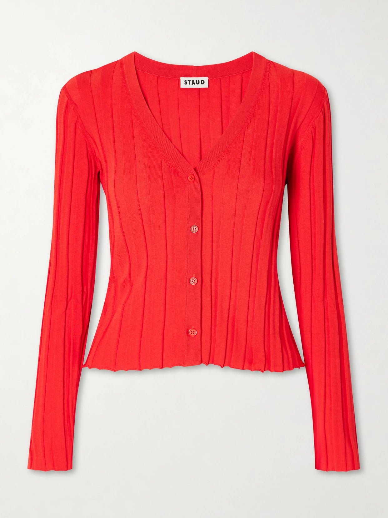 Image of a model wearing Outerwear. Product name - Ezra Ribbed Jersey Cardigan in Tomato red colour by brand - STAUD