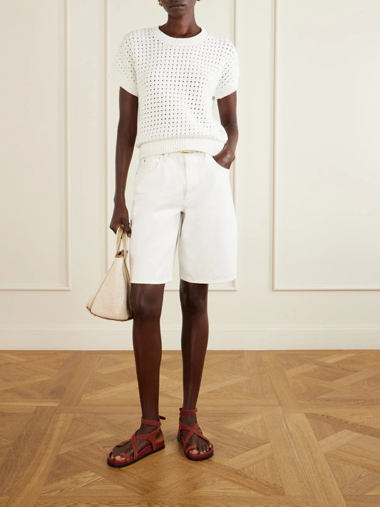 Image of a model wearing Outerwear. Product name - Denny Open-knit Cotton-blend T-shirt in White colour by brand - Varley