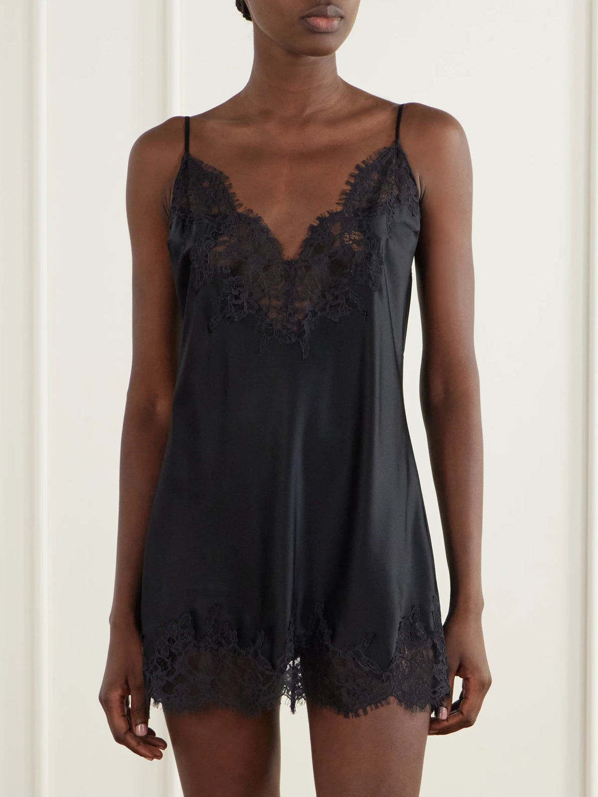 Image of Lingerie. Product name - Valentine's Day Lace-trimmed Silk-blend Satin Slip Dress in Black colour by brand - SKIMS
