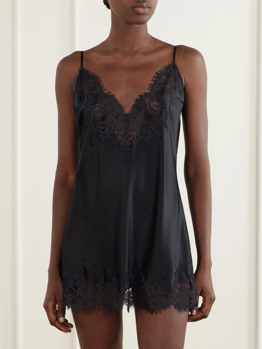 Image of Lingerie. Product name - Valentine's Day Lace-trimmed Silk-blend Satin Slip Dress in Black colour by brand - SKIMS