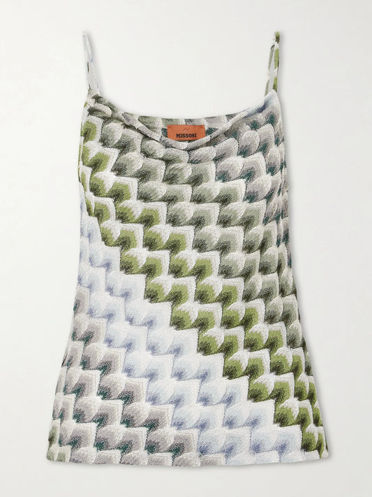 Image of a model wearing Tops. Product name - Metallic Crochet-knit Tank in Multi colour by brand - Missoni