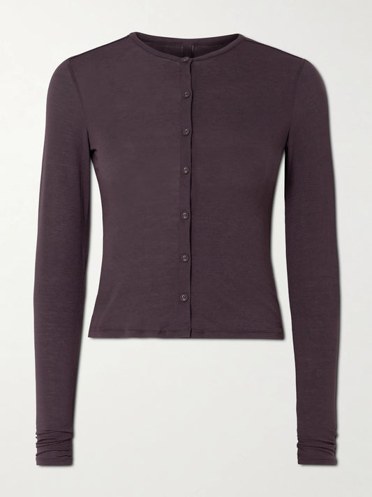 Image of Sleepwear & Loungewear. Product name - Sheer Modal-blend Cardigan - Phoenix in Brown colour by brand - SKIMS