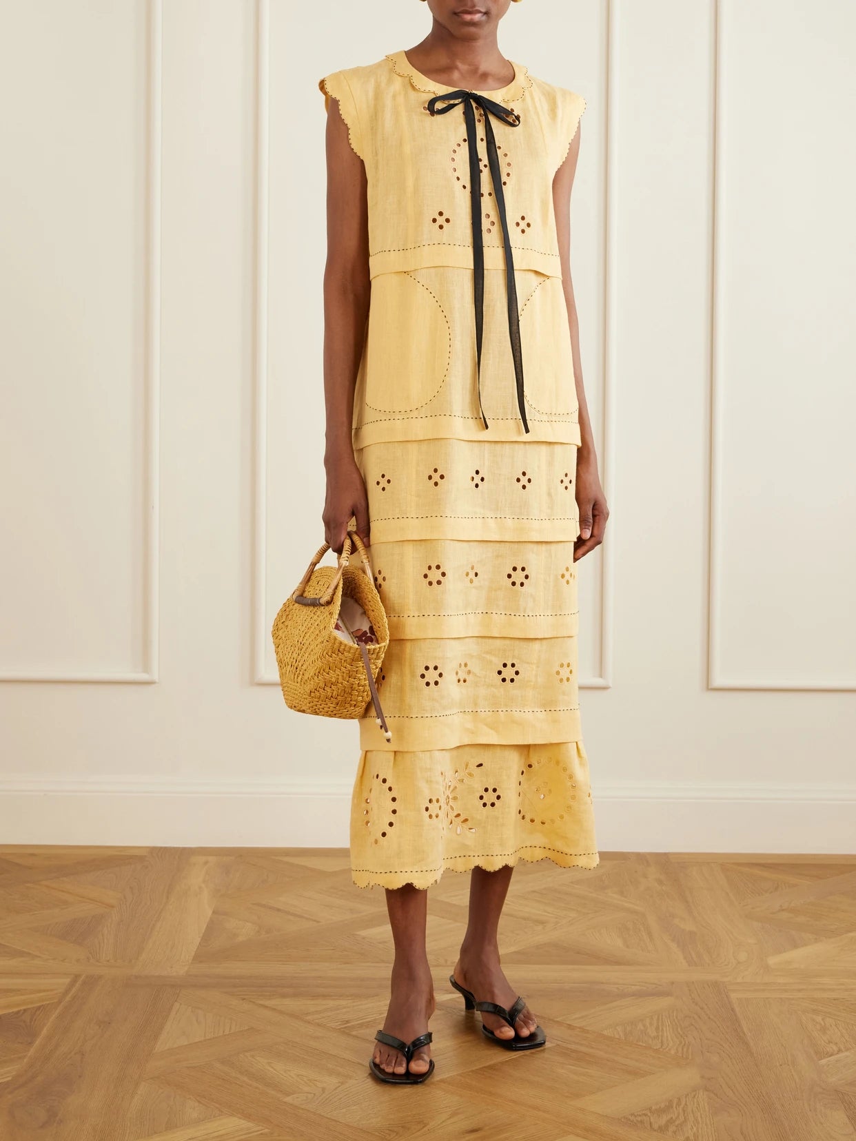 Image of Dresses. Product name - Kiki Tie-detailed Broderie Anglaise-trimmed Linen Midi Dress in Yellow colour by brand - Vita Kin