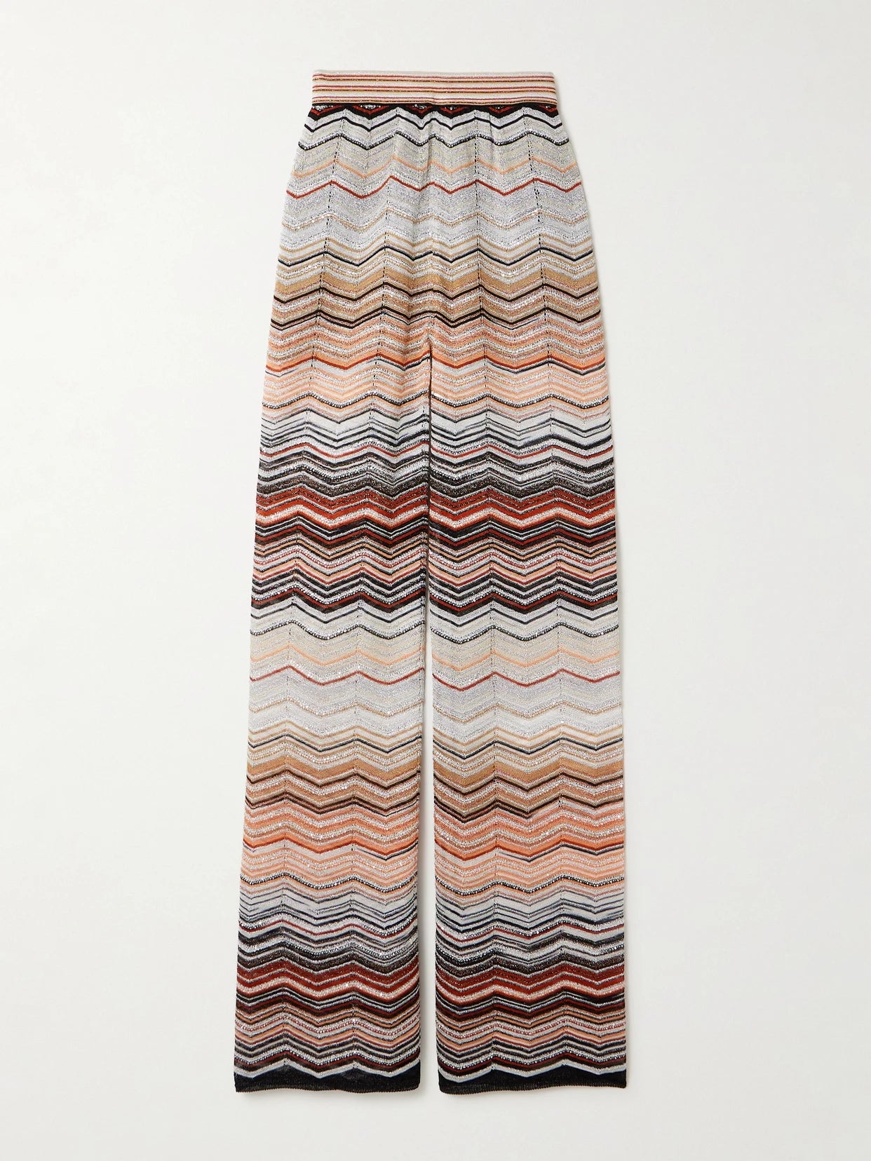 Image of a model wearing Pants. Product name - Sequin-embellished Striped Metallic Crochet-knit Wide-leg Pants in Multi colour by brand - Missoni