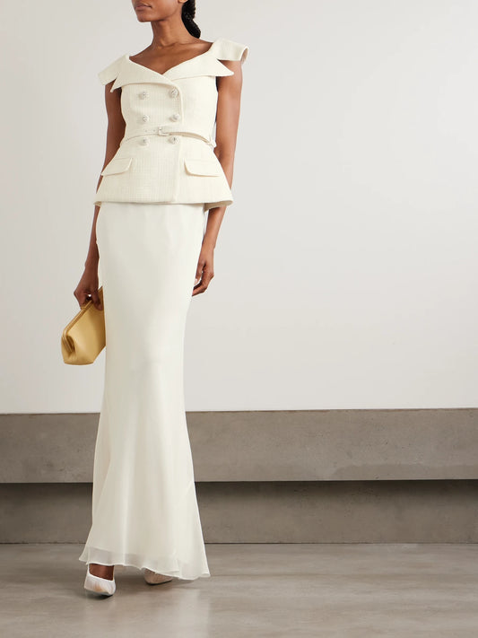 Off-the-shoulder Belted Metallic Bouclé And Crepe Maxi Dress