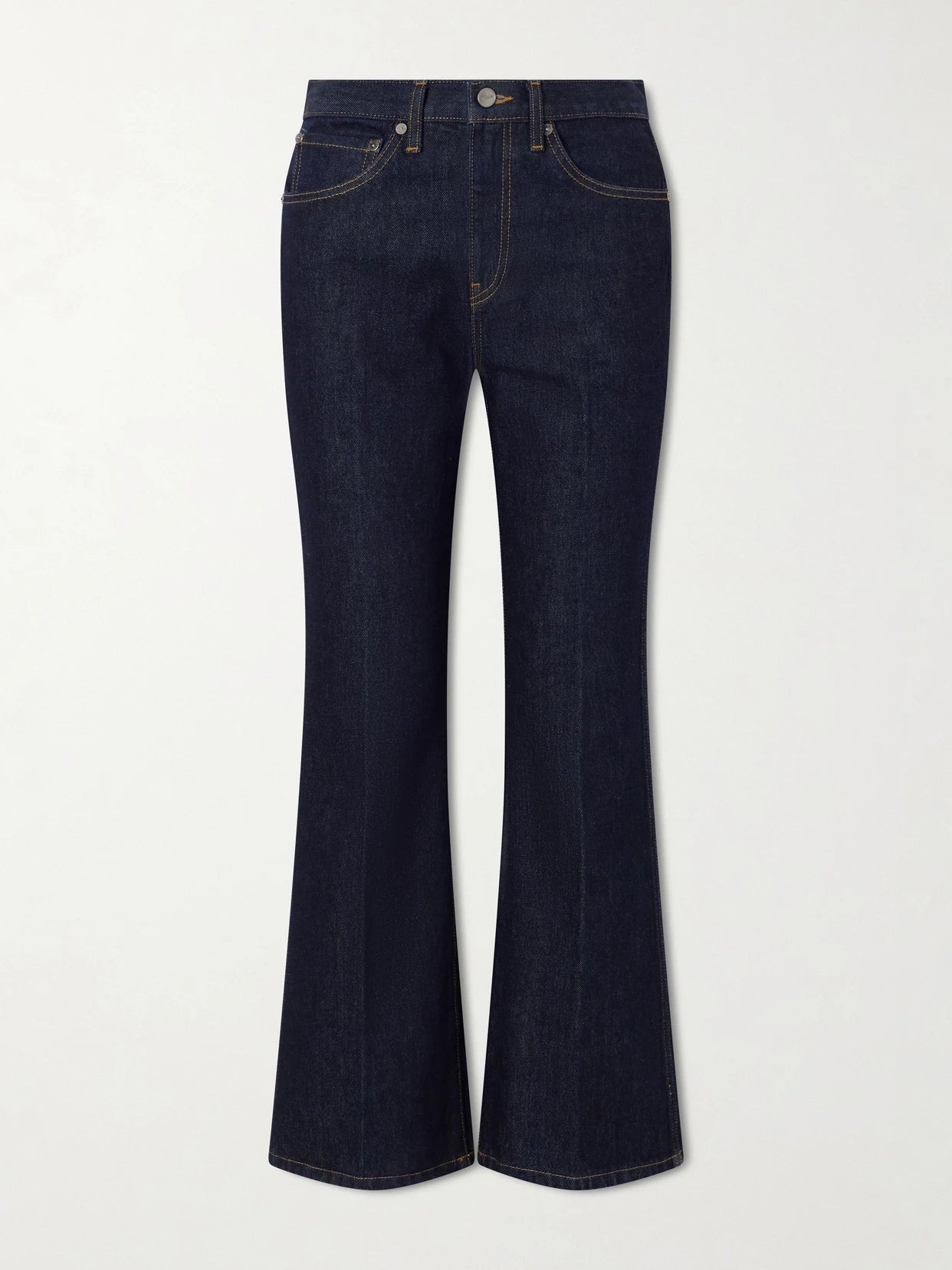 Image of Jeans. Product name - Clara Mid-rise Flared-leg Jeans in Indigo colour by brand - KHAITE