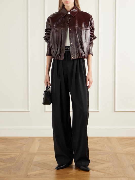 Image of Coats & Jackets. Product name - Liuti Cropped Gathered Leather Biker Jacket in Dark brown colour by brand - Sportmax