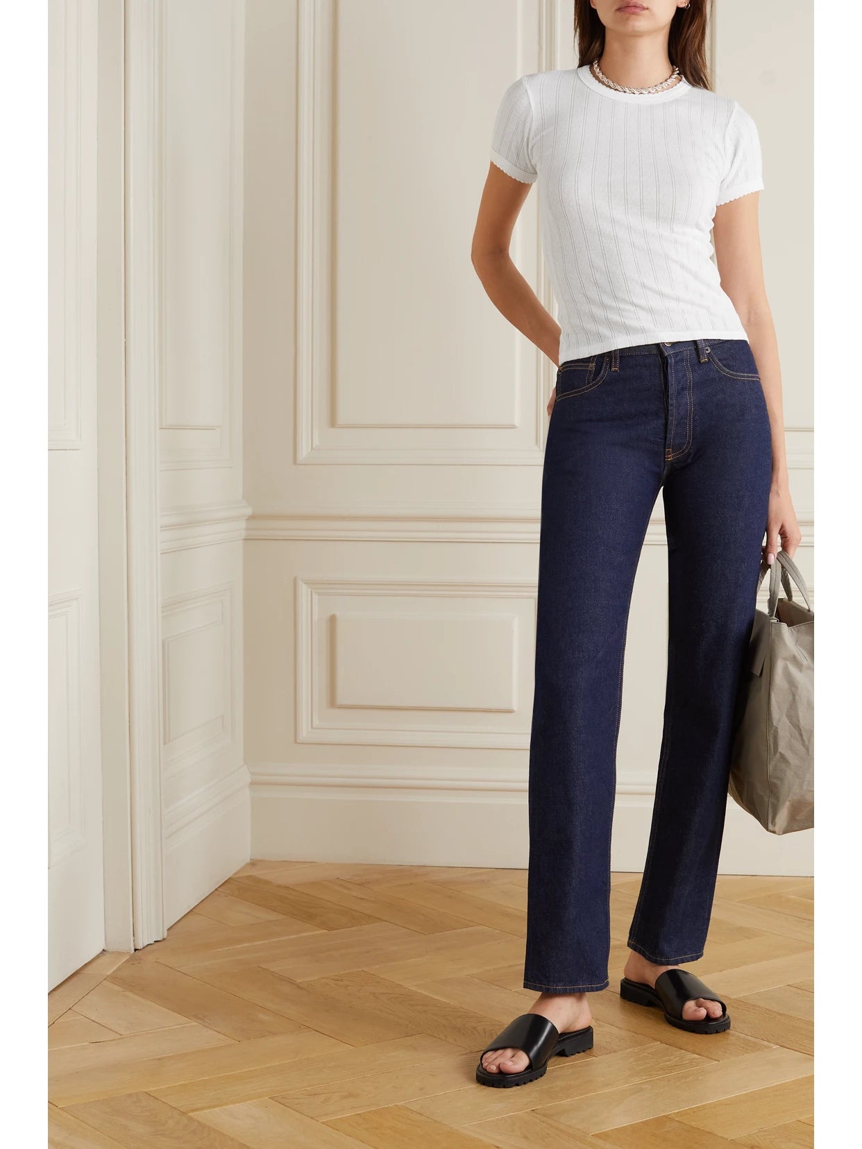 Image of Sleepwear & Loungewear. Product name - Pointelle-knit Cotton-jersey T-shirt in White colour by brand - LESET