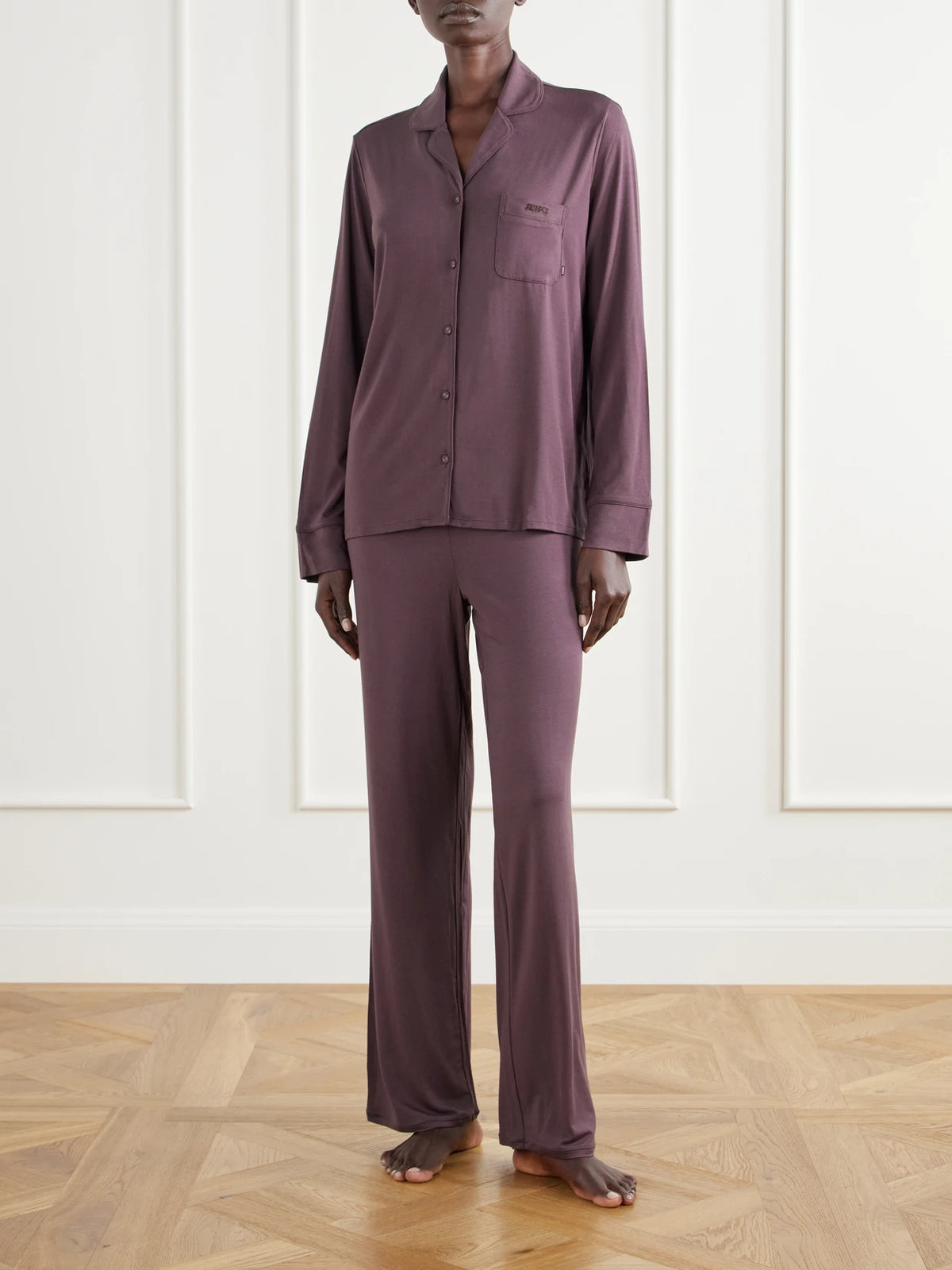 Image of Sleepwear & Loungewear. Product name - Stretch-jersey Pajama Set - Raisin in Brown colour by brand - SKIMS