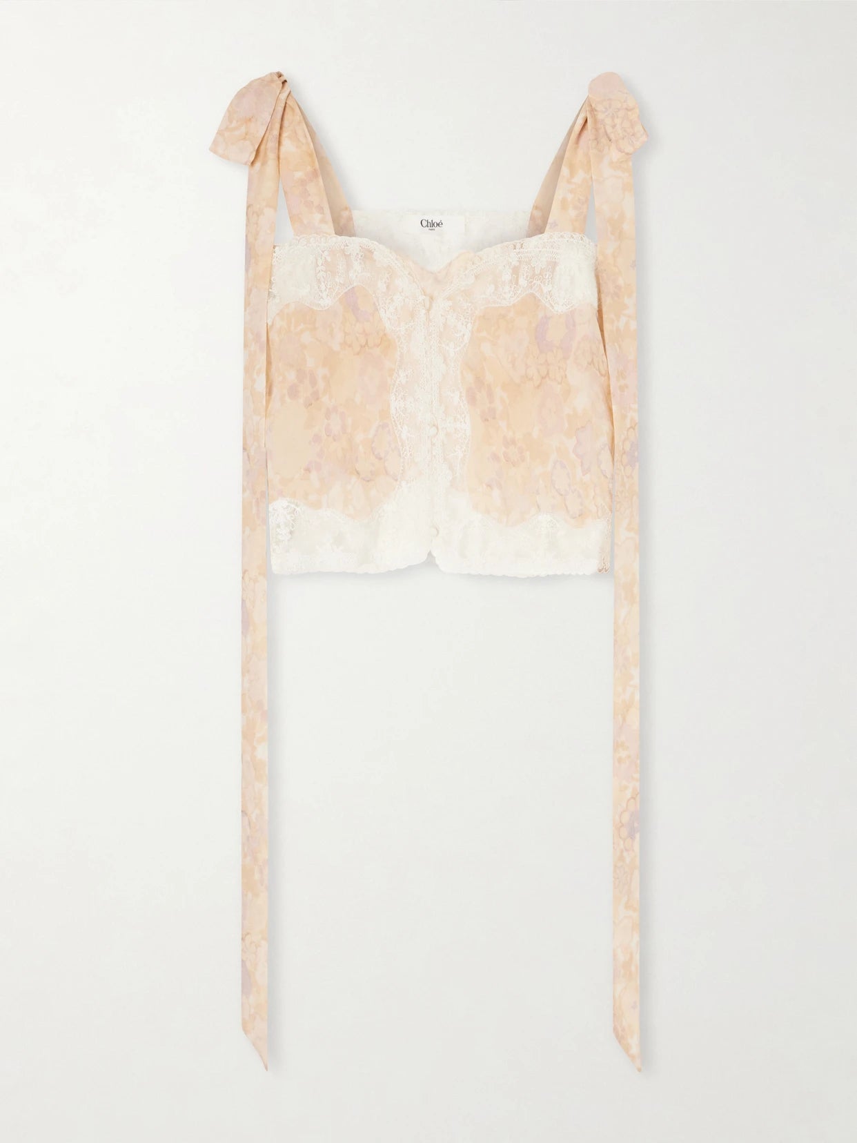 Cropped Bow-detailed Lace-trimmed Floral-print Silk-charmeuse Top