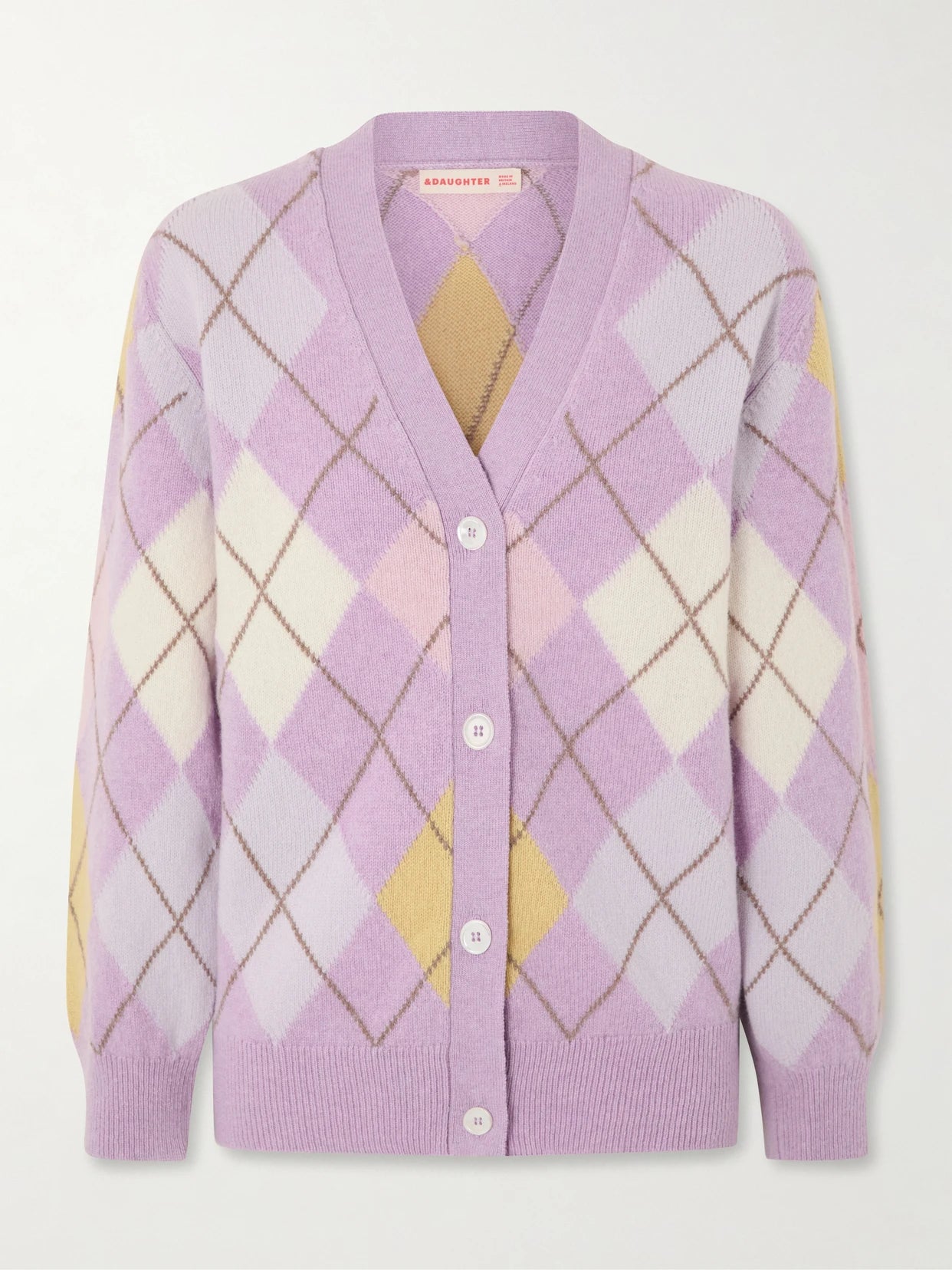 Image of a model wearing Outerwear. Product name - Argyle Wool Cardigan in Lilac colour by brand - &Daughter