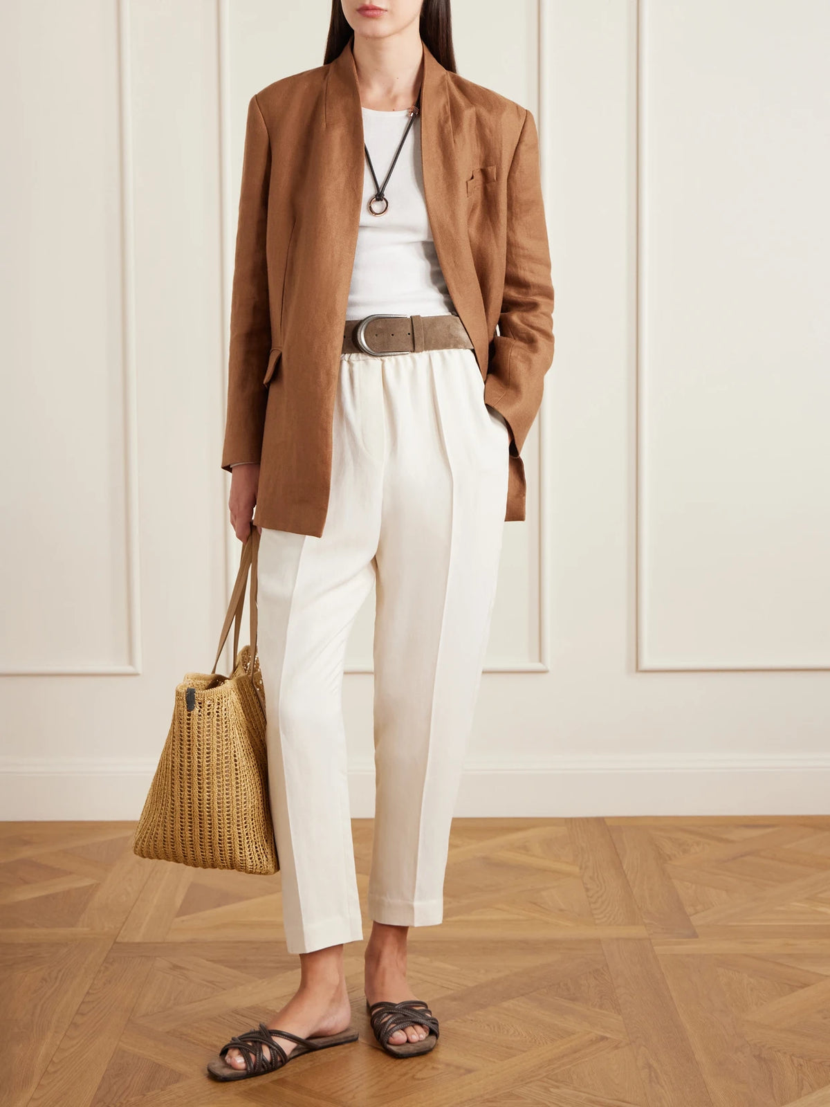 Image of Sandals. Product name - Leather Sandals in Dark brown colour by brand - Brunello Cucinelli