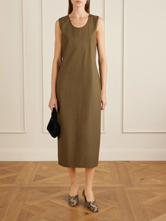 Image of Dresses. Product name - Regi Organic Cotton Midi Dress in Army green colour by brand - KHAITE