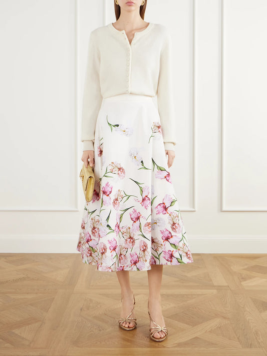 Image of a model wearing Skirts. Product name - Floral-print Cotton-blend Poplin Midi Skirt in White colour by brand - Oscar de la Renta