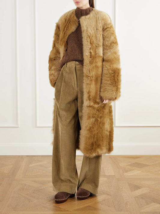 Image of Coats & Jackets. Product name - Demi Reversible Belted Collarless Shearling Coat in Camel colour by brand - FFORME