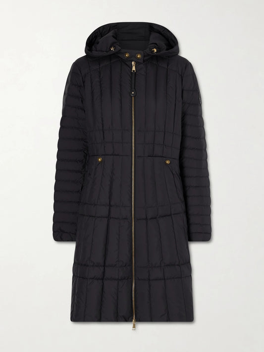 Image of Coats & Jackets. Product name - Hooded Appliquéd Padded Quilted Shell Down Coat in Black colour by brand - Moncler