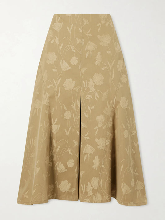 Image of a model wearing Skirts. Product name - Floral-jacquard Cotton Midi Skirt in Camel colour by brand - Erdem