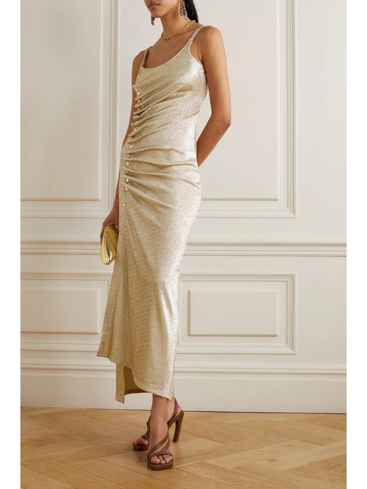 Image of Dresses. Product name - Embellished Glittered Stretch-crepe Maxi Dress in Gold colour by brand - RABANNE