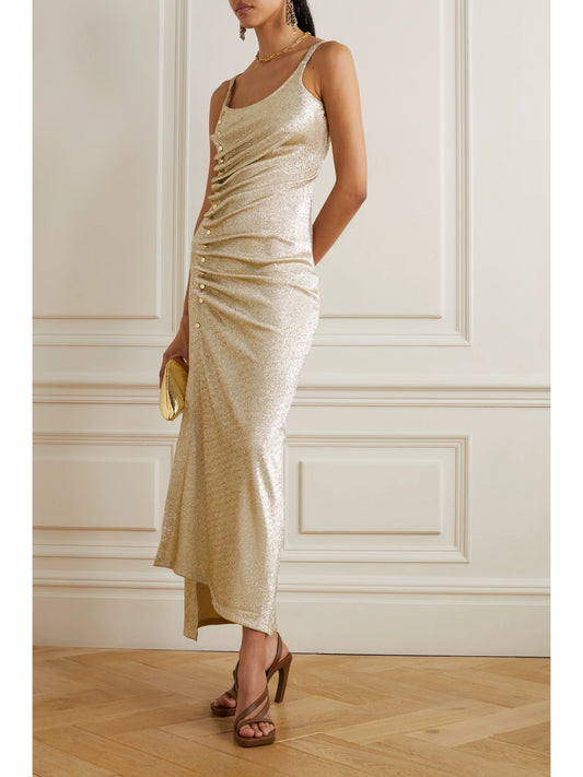 Image of Dresses. Product name - Embellished Glittered Stretch-crepe Maxi Dress in Gold colour by brand - RABANNE