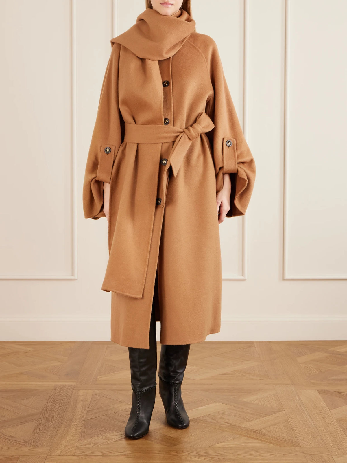 Image of Coats & Jackets. Product name - Valiant Belted Scarf-detailed Wool-blend Coat in Camel colour by brand - Zimmermann
