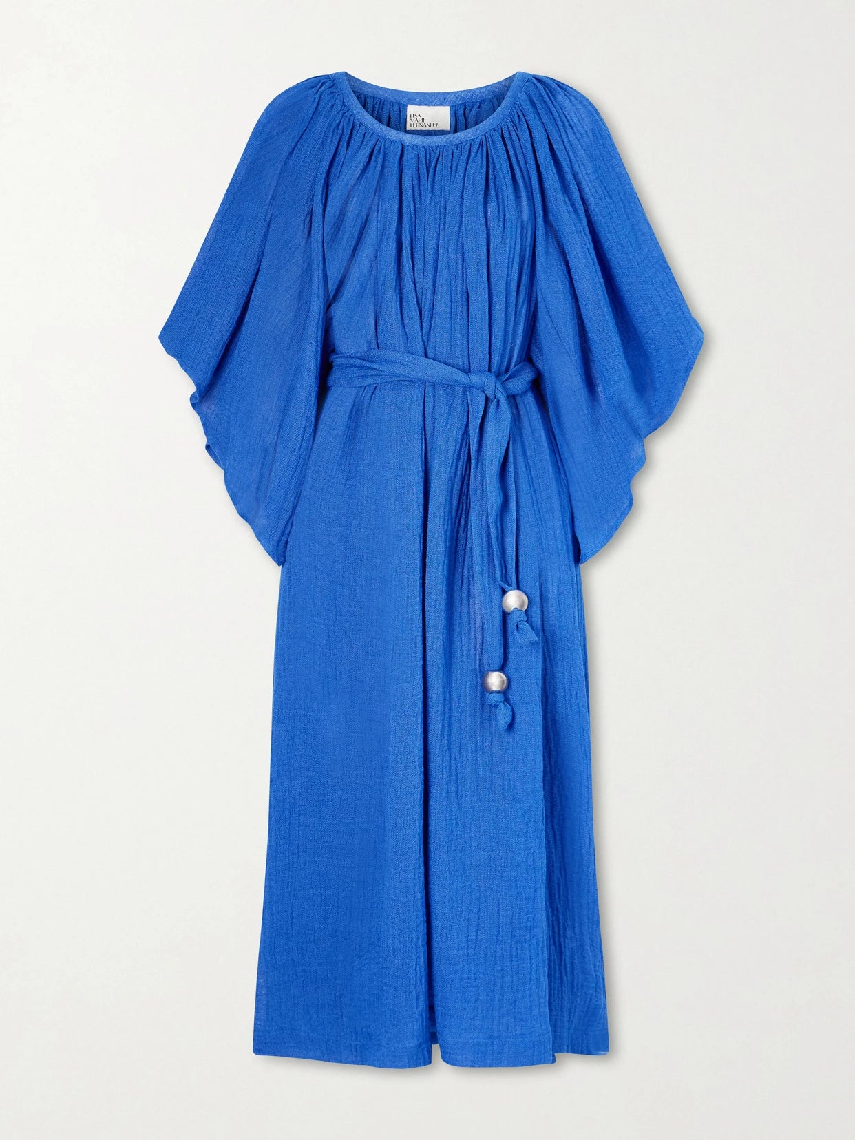 Image of Dresses. Product name - Embellished Belted Crinkled Linen-blend Gauze Midi Dress in Blue colour by brand - Lisa Marie Fernandez