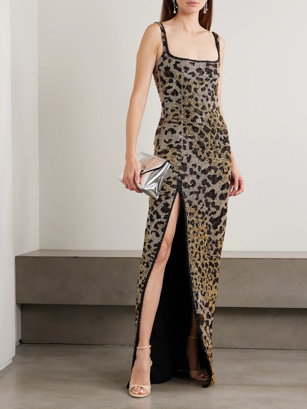 Image of Dresses. Product name - Eartha Embellished Leopard-print Stretch-mesh Gown in Leopard print colour by brand - Clio Peppiatt