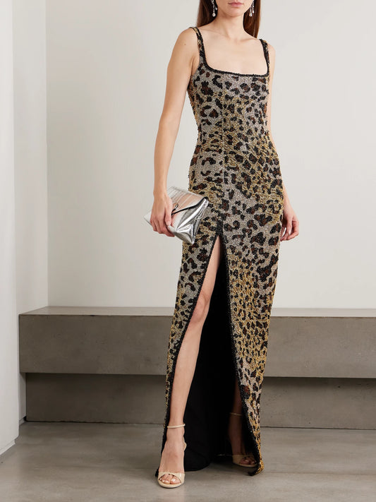 Image of Dresses. Product name - Eartha Embellished Leopard-print Stretch-mesh Gown in Leopard print colour by brand - Clio Peppiatt