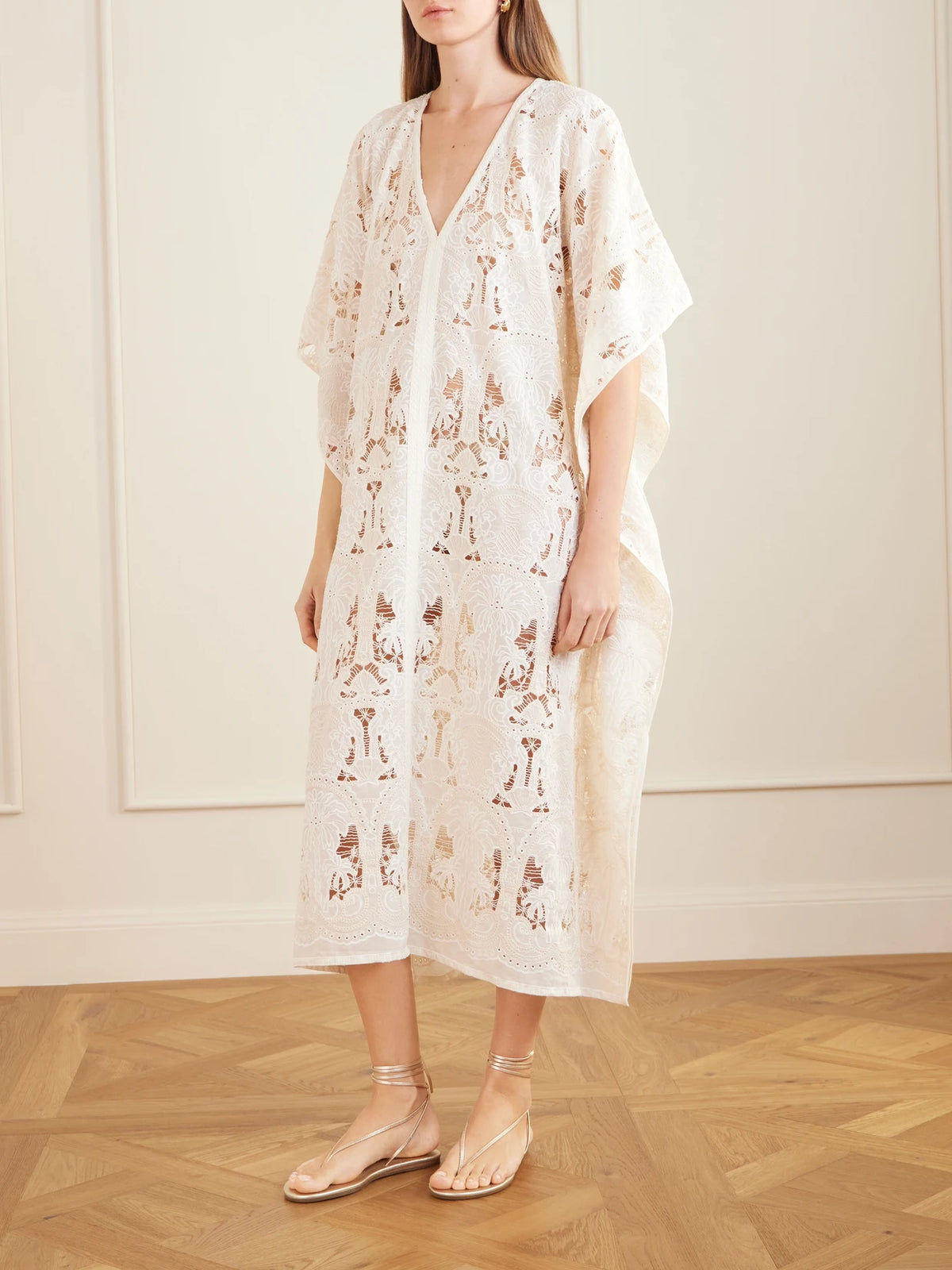 Loretta Caponi Atrani Embroidered Cotton-blend Midi Dress