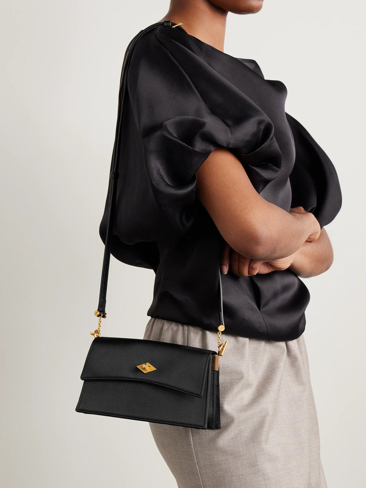 Image of Bags. Product name - Roma Silk-satin Shoulder Bag in Black colour by brand - Métier