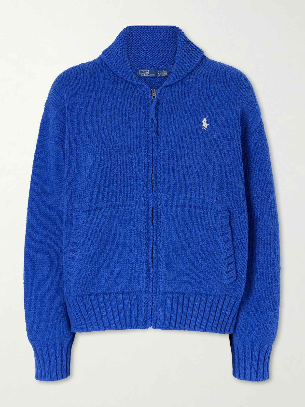 Image of a model wearing Outerwear. Product name - Knitted Cotton Zip-up Cardigan in Royal blue colour by brand - Polo Ralph Lauren