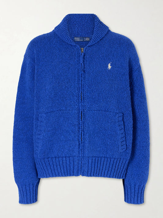 Image of a model wearing Outerwear. Product name - Knitted Cotton Zip-up Cardigan in Royal blue colour by brand - Polo Ralph Lauren