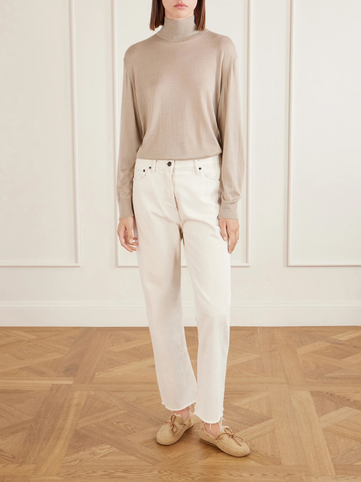 Image of Jeans. Product name - Fortino Mid-rise Straight-leg Jeans in Ecru colour by brand - The Row