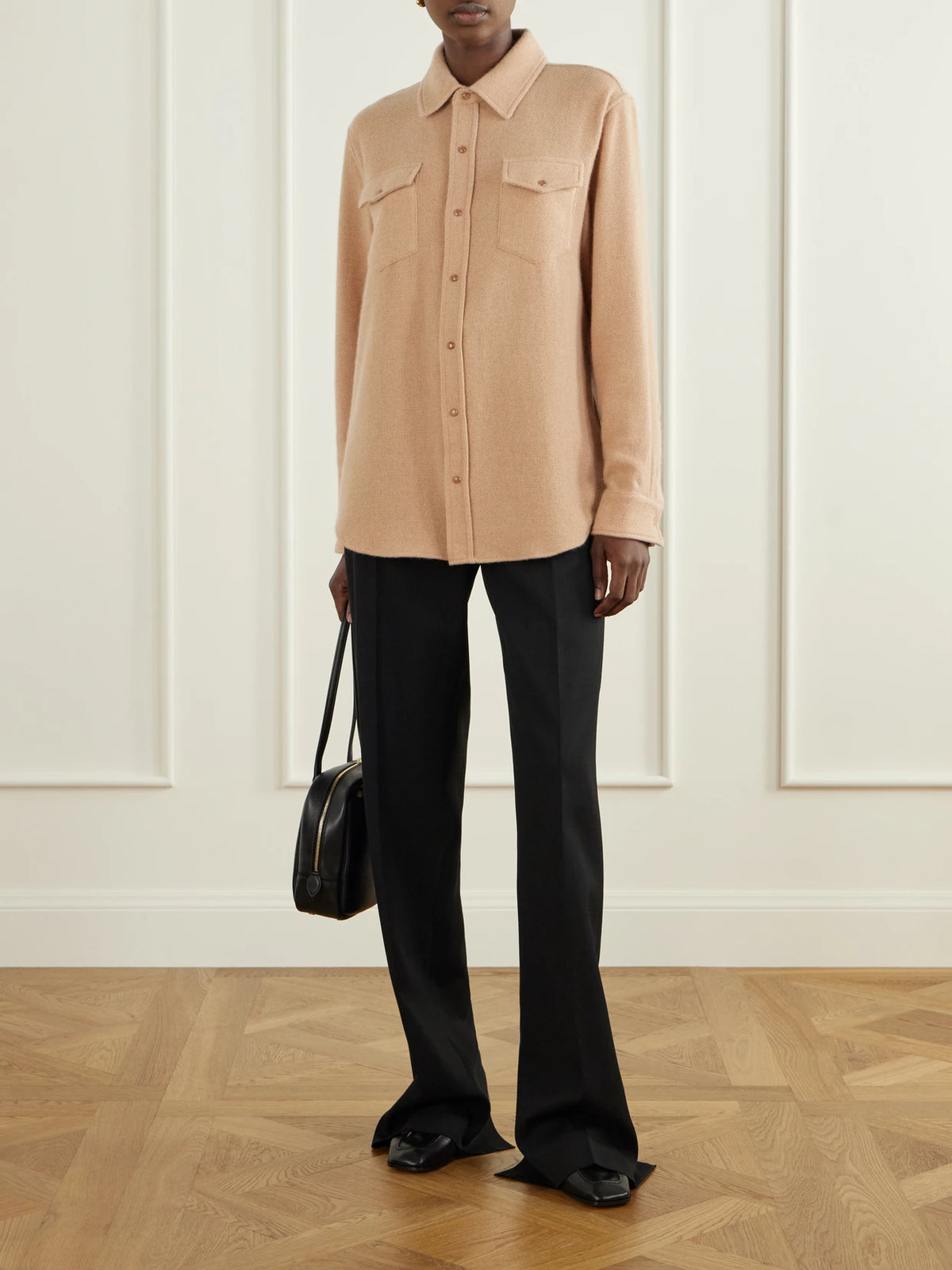 Image of a model wearing Tops. Product name - Cashmere Knitted Shirt in Taupe colour by brand - God's True Cashmere