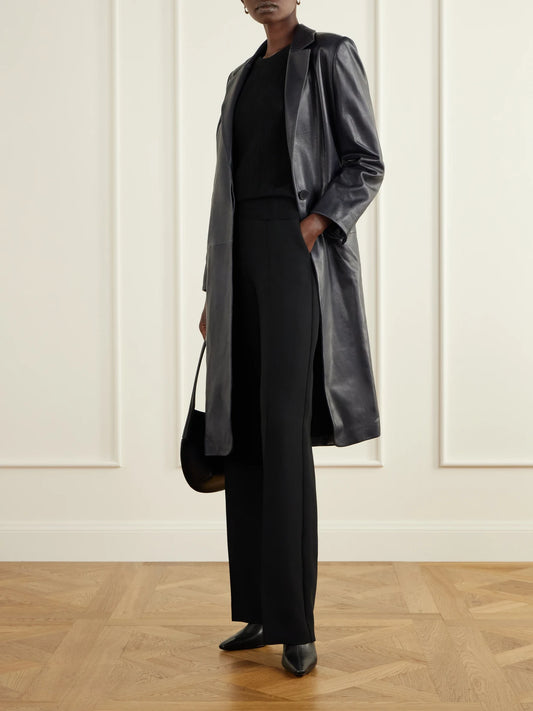 Image of Coats & Jackets. Product name - Isaline Leather Coat in Navy colour by brand - Nour Hammour