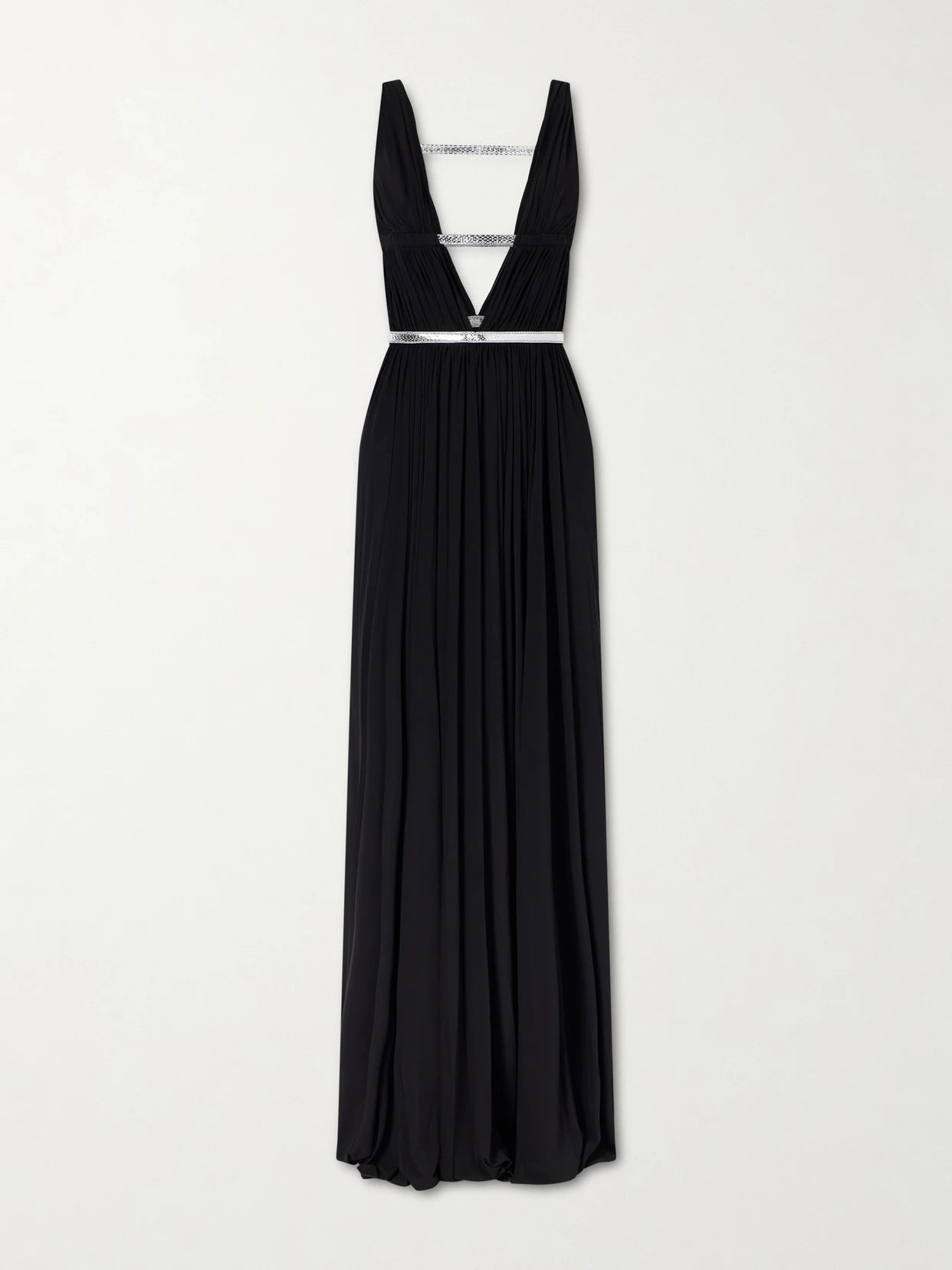 Image of Dresses. Product name - Pleated Metallic Elaphe-trimmed Jersey Gown in Black colour by brand - Alaïa