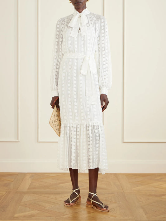 Image of Dresses. Product name - Pussy-bow Belted Tiered Jacquard Silk-chiffon Midi Dress in White colour by brand - Etro