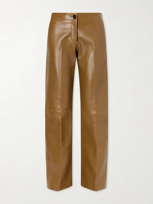 Image of a model wearing Pants. Product name - Mita Leather Straight-leg Pants in Brown colour by brand - KHAITE