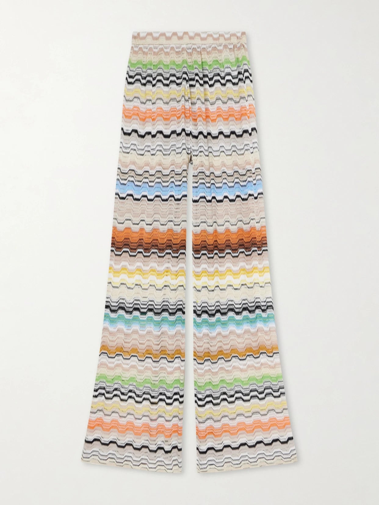 Image of a model wearing Pants. Product name - Striped Crochet-knit Wide-leg Pants in Multi colour by brand - Missoni