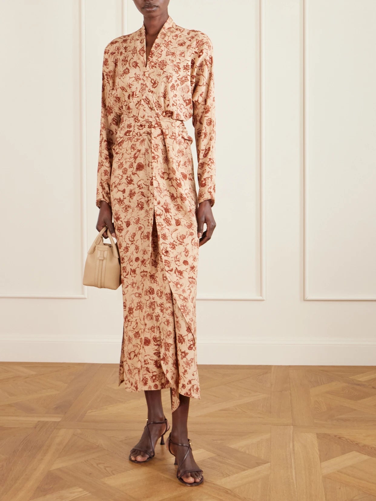 Image of Dresses. Product name - Laura Floral-print Silk Midi Dress in Red colour by brand - Loro Piana