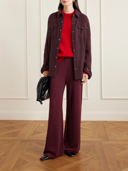 Image of a model wearing Pants. Product name - Juniper Cashmere Wide-leg Pants in Burgundy colour by brand - The Elder Statesman
