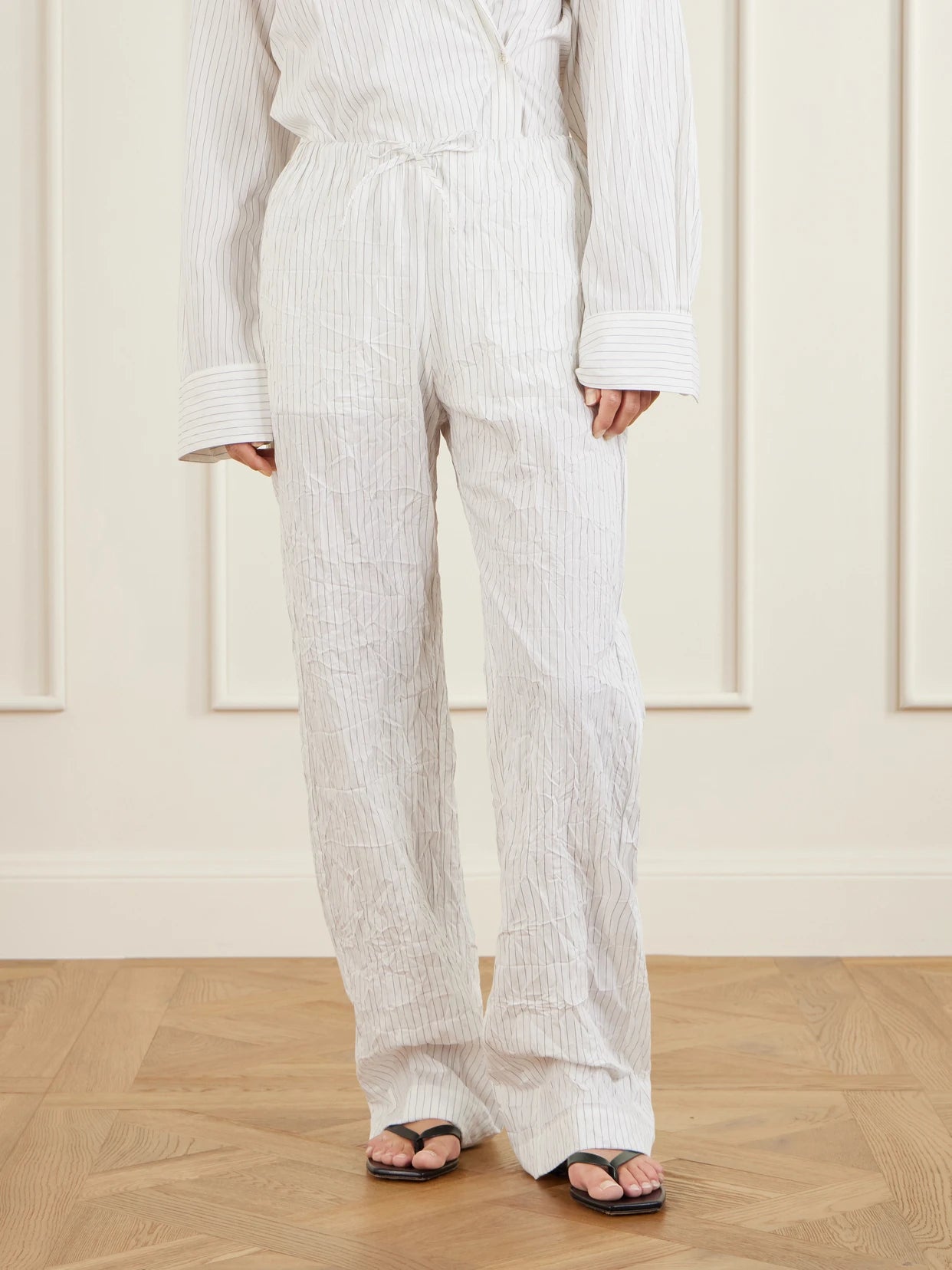 Striped Crepon Wide-leg Pants