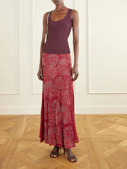 Image of a model wearing Skirts. Product name - Embellished Crepe Maxi Skirt in Red colour by brand - RABANNE