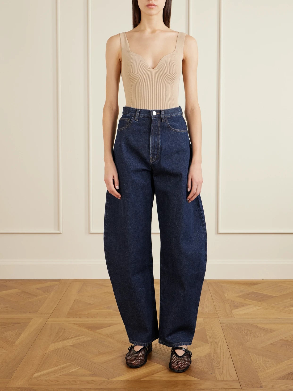 Image of Jeans. Product name - High-rise Barrel-leg Jeans in Dark denim colour by brand - Alaïa