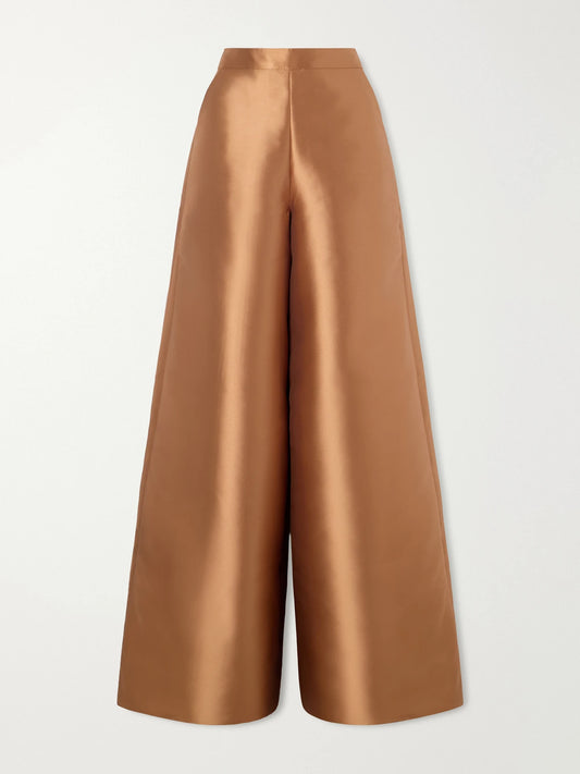 Image of a model wearing Pants. Product name - Satin-twill Wide-leg Pants in Gold colour by brand - Dima Ayad