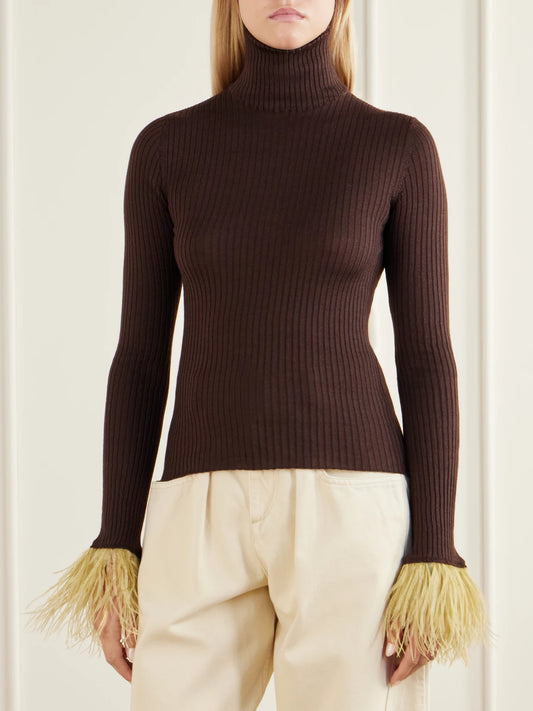 La DoubleJ Feathers-trimmed Ribbed Cashmere And Silk-blend Turtleneck Sweater
