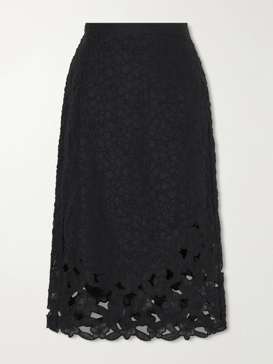 Image of a model wearing Skirts. Product name - Reysha Embroidered Ramie Midi Skirt in Black colour by brand - ISABEL MARANT